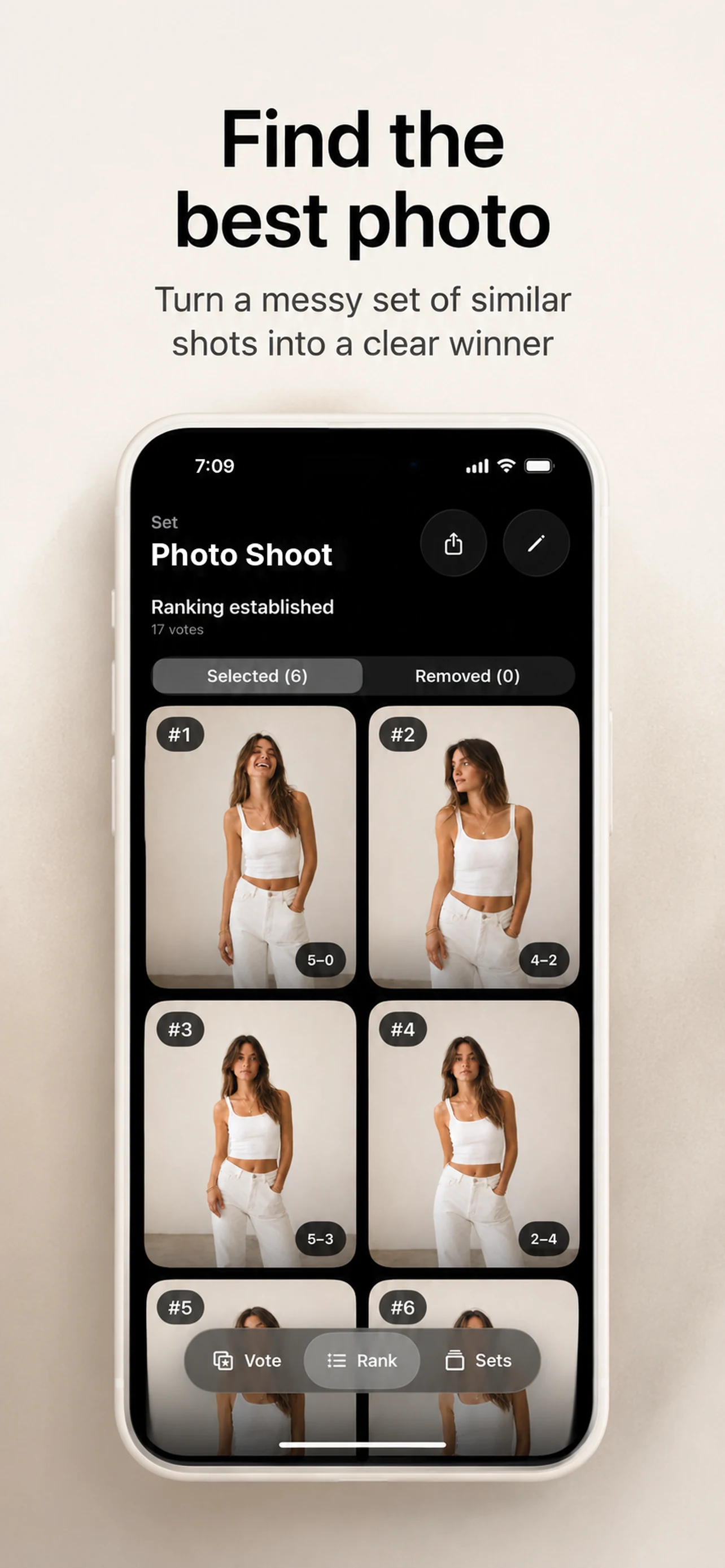 Photo Rank showing six portraits in ranked order with a clear number-one photo.