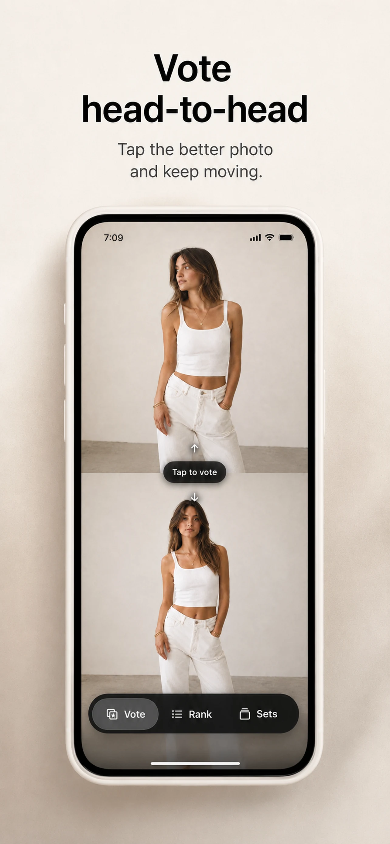 Photo Rank head-to-head voting screen with two similar portraits and the instruction to tap the better photo.