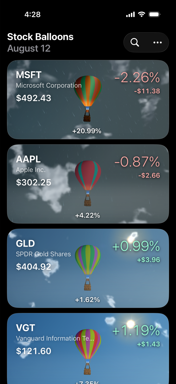 Stock Balloons watchlist showing market changes as animated weather scenes and hot-air balloons